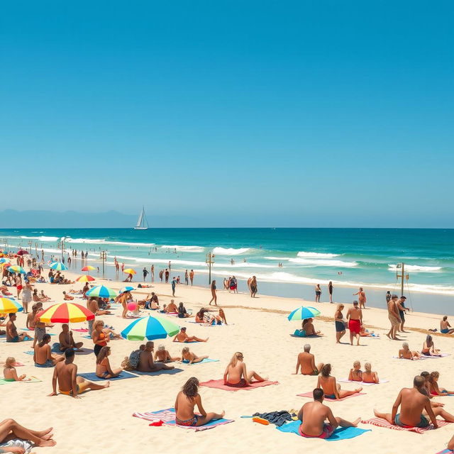 A vibrant and lively scene of a sunny nude beach with a clear blue sky