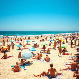 A vibrant and lively scene of a sunny nude beach with a clear blue sky