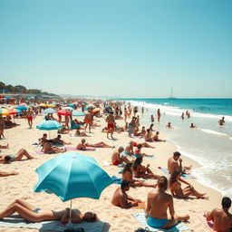 A vibrant and lively scene of a sunny nude beach with a clear blue sky