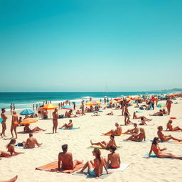 A vibrant and lively scene of a sunny nude beach with a clear blue sky