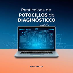 A captivating book cover design for a title "Protocolos de Diagnóstico Avanzado en Laptop" featuring a sleek, modern laptop opened to display complex diagnostic software on the screen