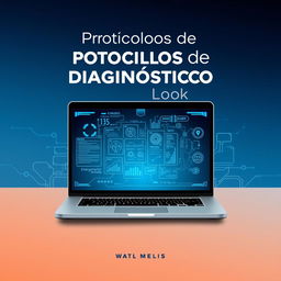 A captivating book cover design for a title "Protocolos de Diagnóstico Avanzado en Laptop" featuring a sleek, modern laptop opened to display complex diagnostic software on the screen