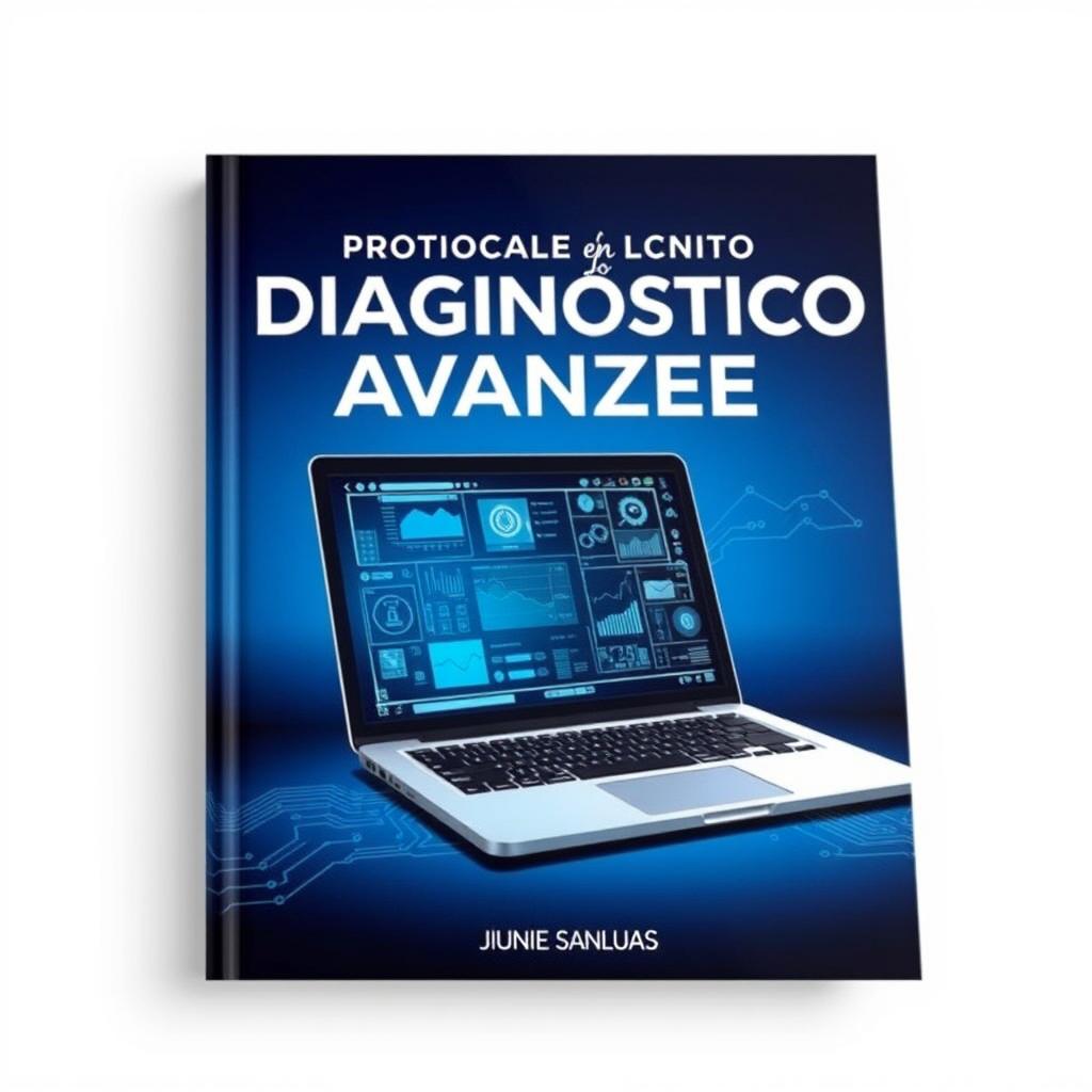 A captivating book cover design for a title "Protocolos de Diagnóstico Avanzado en Laptop" featuring a sleek, modern laptop opened to display complex diagnostic software on the screen