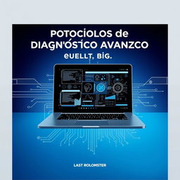 A captivating book cover design for a title "Protocolos de Diagnóstico Avanzado en Laptop" featuring a sleek, modern laptop opened to display complex diagnostic software on the screen