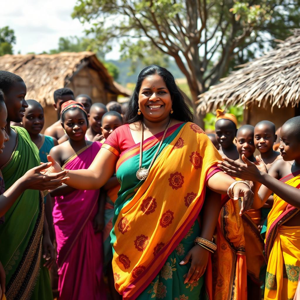 A dusky-skinned Indian lady, approximately 40 years old, standing confidently in an African village