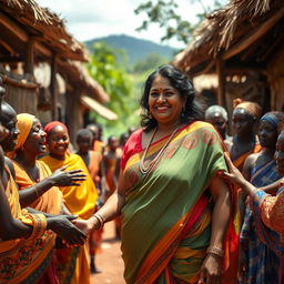 A dusky-skinned Indian lady, approximately 40 years old, standing confidently in an African village