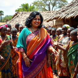 A dusky-skinned Indian lady, approximately 40 years old, standing confidently in an African village