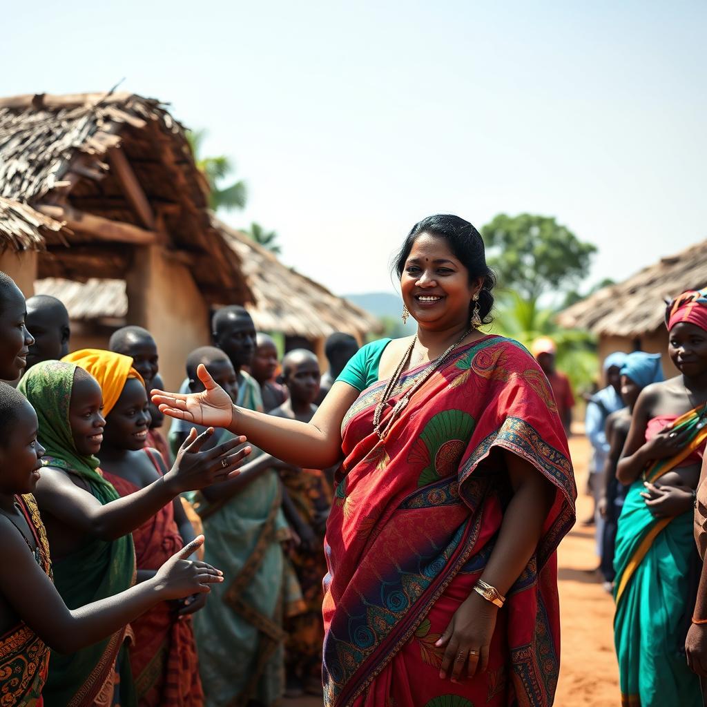 A dusky-skinned Indian lady, approximately 40 years old, standing confidently in an African village