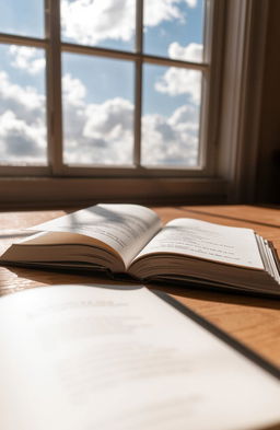 A poetic book lying open on a wooden table, surrounded by soft sunlight