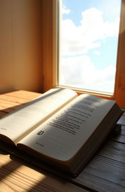 A poetic book lying open on a wooden table, surrounded by soft sunlight