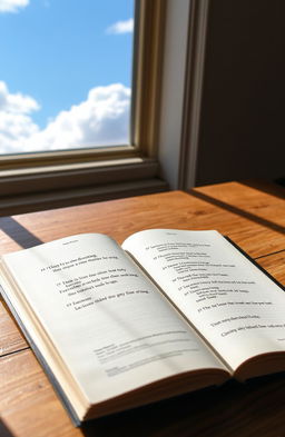 A poetic book lying open on a wooden table, surrounded by soft sunlight