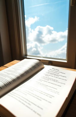 A poetic book lying open on a wooden table, surrounded by soft sunlight