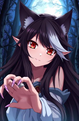 An anime werewolf girl with striking red eyes, showcasing her fierce yet beautiful features