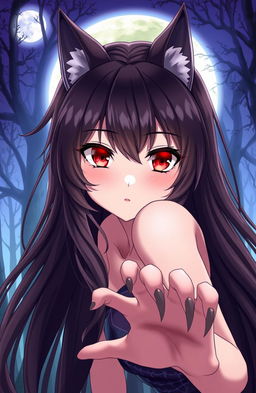 An anime werewolf girl with striking red eyes, showcasing her fierce yet beautiful features