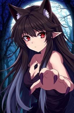 An anime werewolf girl with striking red eyes, showcasing her fierce yet beautiful features