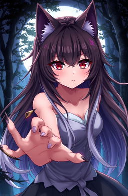 An anime werewolf girl with striking red eyes, showcasing her fierce yet beautiful features