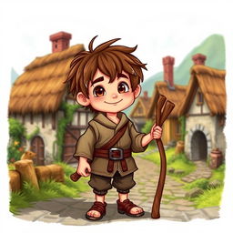 A young village boy character from the Middle Ages, dressed in simple rustic clothing made of rough fabrics, featuring a tunic with a belt, and knee-length trousers