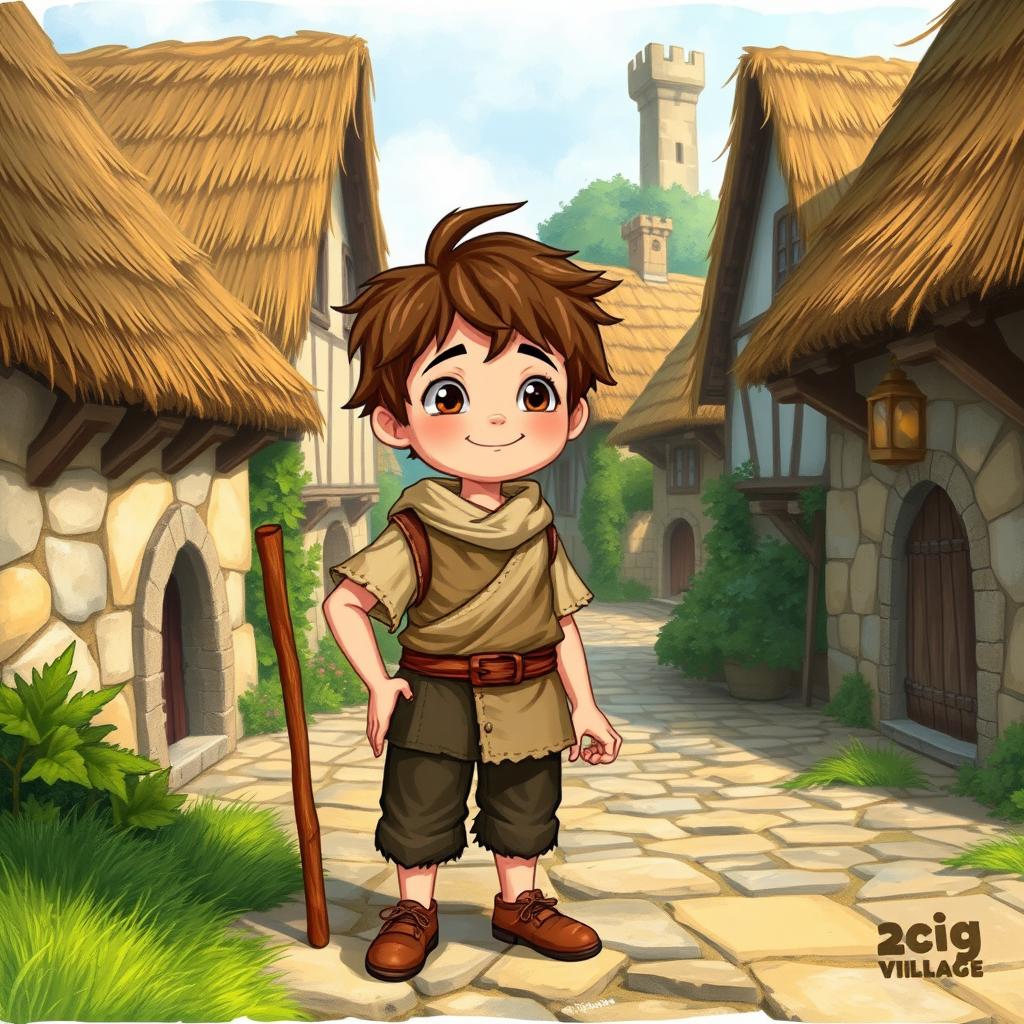 A young village boy character from the Middle Ages, dressed in simple rustic clothing made of rough fabrics, featuring a tunic with a belt, and knee-length trousers