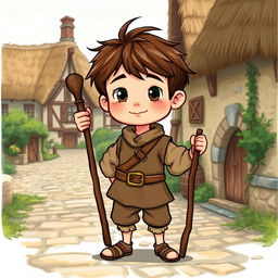 A young village boy character from the Middle Ages, dressed in simple rustic clothing made of rough fabrics, featuring a tunic with a belt, and knee-length trousers