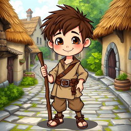 A young village boy character from the Middle Ages, dressed in simple rustic clothing made of rough fabrics, featuring a tunic with a belt, and knee-length trousers