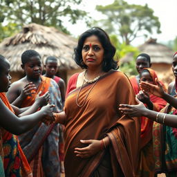 A dusky-skinned Indian lady, approximately 40 years old, standing in an African village with a scared and sullen expression