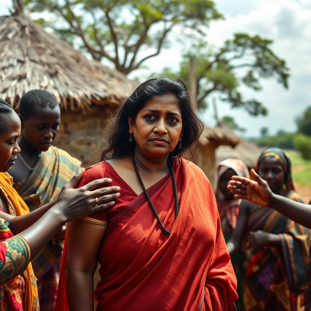 A dusky-skinned Indian lady, approximately 40 years old, standing in an African village with a scared and sullen expression