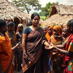 A dusky-skinned Indian lady, approximately 40 years old, standing in an African village with a scared and sullen expression