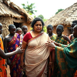 A dusky-skinned Indian lady, approximately 40 years old, standing in an African village with a scared and sullen expression