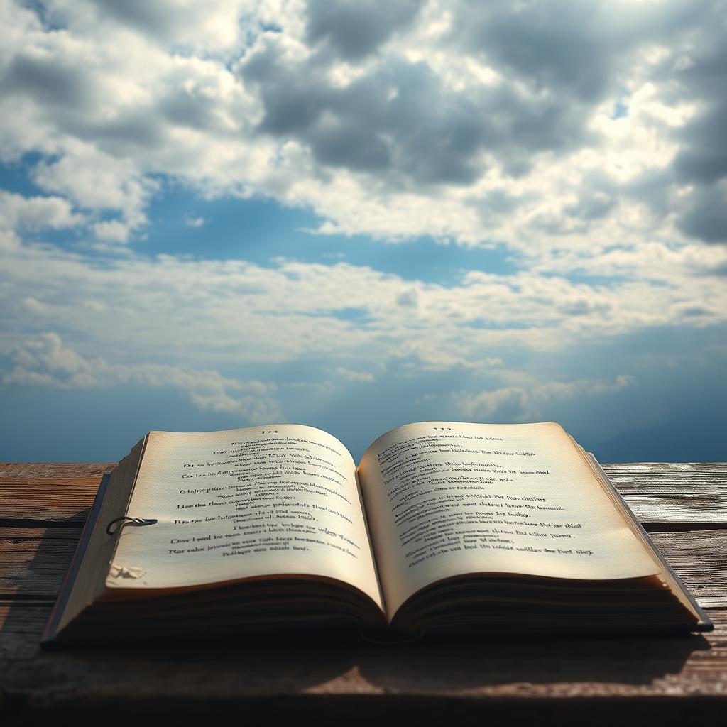 A poetic book resting on a rustic wooden table, its pages slightly open, with delicate tears on some of them