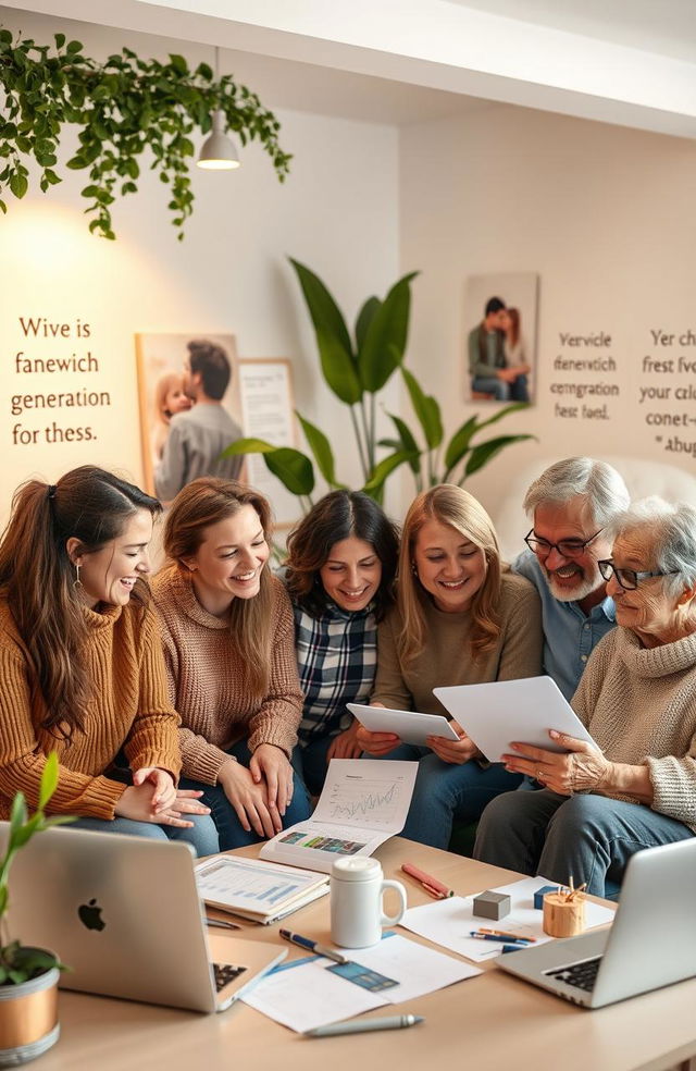 The concept of the sandwich generation striving for financial freedom, showcasing a diverse group of adults in their 30s to 50s balancing financial responsibilities for both their children and aging parents