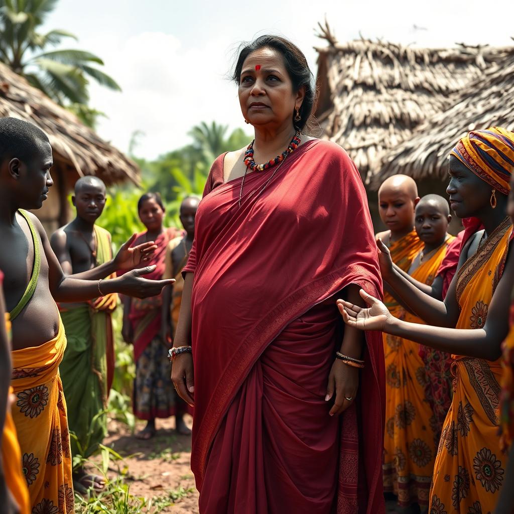 A scene depicting a dusky-skinned Indian lady, around 40 years old, who is very tall and has a curvy figure, characterized by her very large breasts