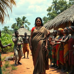 A scene depicting a dusky-skinned Indian lady, around 40 years old, who is very tall and has a curvy figure, characterized by her very large breasts