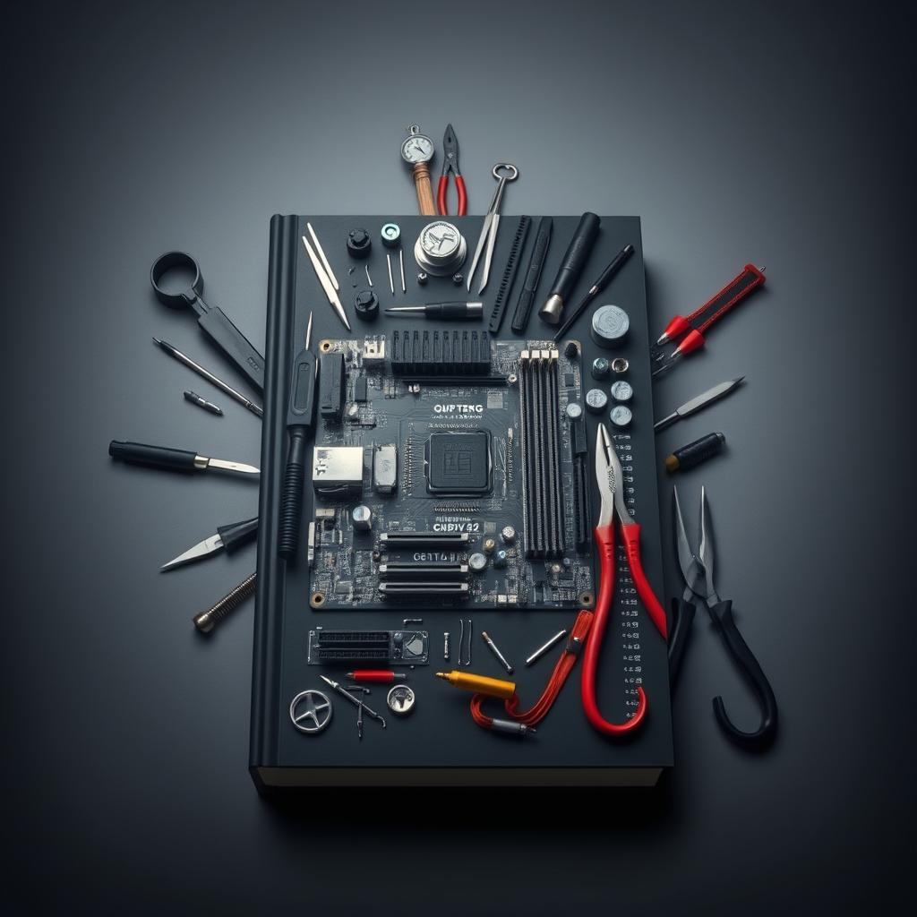 A visually striking book cover design that resembles the front cover of a book, featuring a detailed computer motherboard prominently displayed in the center