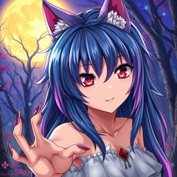 An anime werewolf girl with captivating red eyes, showcasing her fierce yet enchanting features