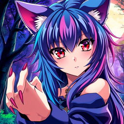 An anime werewolf girl with captivating red eyes, showcasing her fierce yet enchanting features