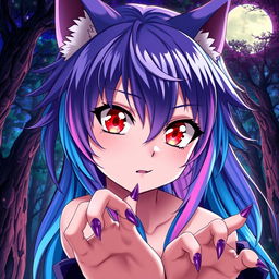 An anime werewolf girl with captivating red eyes, showcasing her fierce yet enchanting features