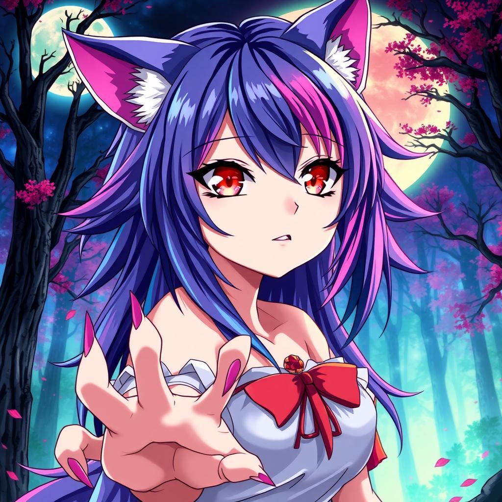 An anime werewolf girl with captivating red eyes, showcasing her fierce yet enchanting features