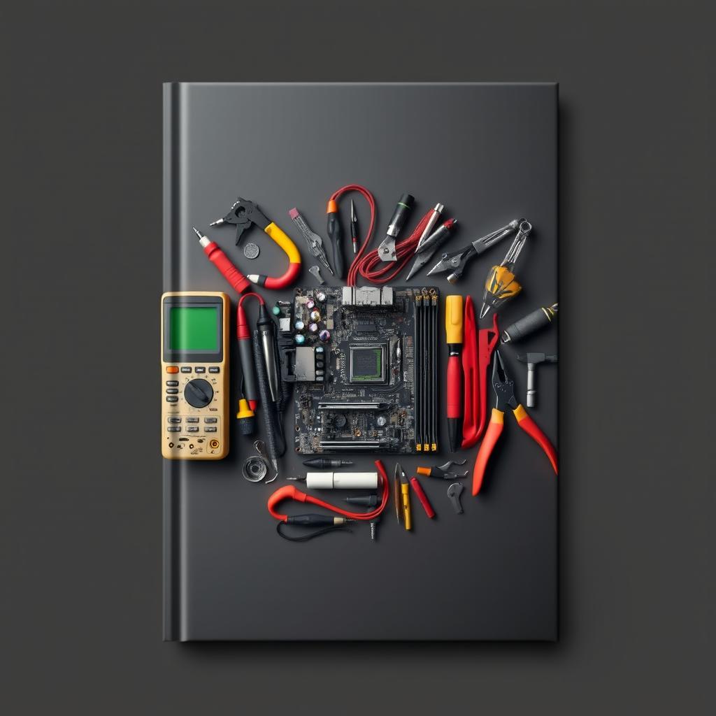 A visually appealing book cover design that resembles the front of a book, prominently featuring a detailed computer motherboard at the center