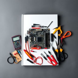 A visually appealing book cover design that resembles the front of a book, prominently featuring a detailed computer motherboard at the center