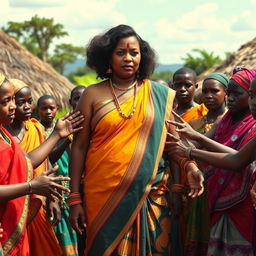 A dusky-skinned Indian lady, around 30 years old, who is very tall and has a curvy figure characterized by her very large breasts