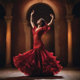 A flamenco dancer passionately performing in a vibrant dress, amidst dramatic lighting and traditional Spanish architectural backdrop.