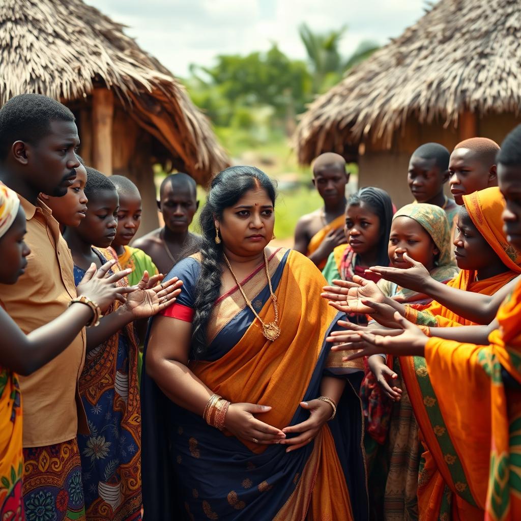 A dusky-skinned Indian lady, around 30 years old, who is very tall and has a curvy figure characterized by her very large breasts