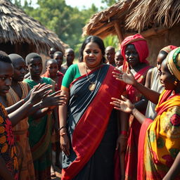 A dusky-skinned Indian lady, around 30 years old, who is very tall and has a curvy figure characterized by her very large breasts