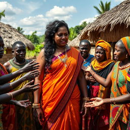 A dusky-skinned Indian lady, around 30 years old, who is very tall and has a curvy figure characterized by her very large breasts