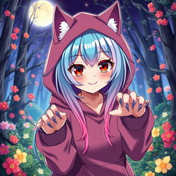 An anime werewolf girl with striking red eyes and colorful hair that transitions through shades of teal, pink, and purple, creating a vivid and eye-catching look