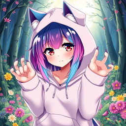 An anime werewolf girl with striking red eyes and colorful hair that transitions through shades of teal, pink, and purple, creating a vivid and eye-catching look