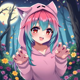 An anime werewolf girl with striking red eyes and colorful hair that transitions through shades of teal, pink, and purple, creating a vivid and eye-catching look