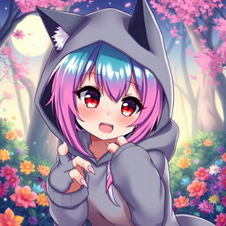 An anime werewolf girl with striking red eyes and colorful hair that transitions through shades of teal, pink, and purple, creating a vivid and eye-catching look