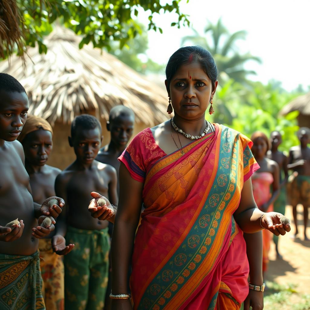 A dusky-skinned Indian lady, around 30 years old, who is very tall and has a curvy figure indicated by her very large breasts