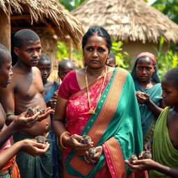 A dusky-skinned Indian lady, around 30 years old, who is very tall and has a curvy figure indicated by her very large breasts